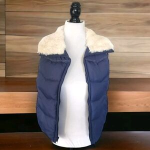 Big Chill Thermal Puffer Vest Quilted Women Size M Faux Fur Trim Blue Insulated